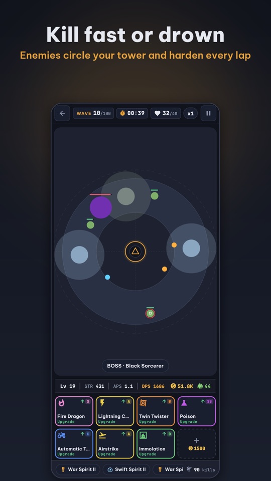 RATD battle: enemies orbit the tower while eight ability slots fight back